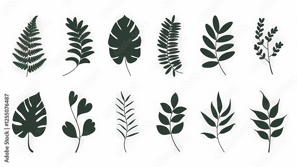 Collection of Hand-Drawn Green Leaves Featuring Various Shapes and Designs on a Crisp White Background Collection of Hand-Drawn Green Leaves Featuring Various Shapes and Designs on a Crisp White Background
