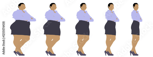 Conceptual fat overweight obese female vs slim fit healthy body after weight loss or diet on white background banner. A  fitness, nutrition or obesity, health shape illustration vector as silhouettes