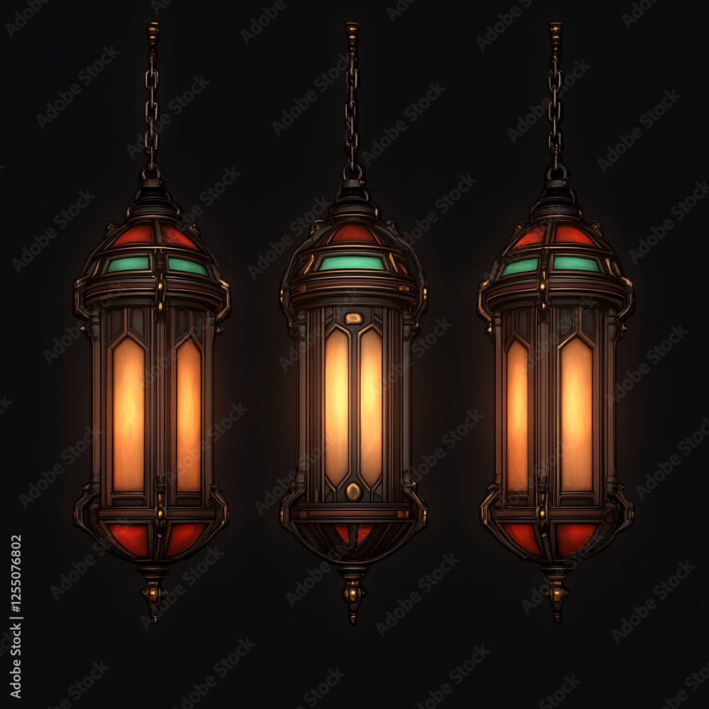 Trio of Illuminated Hanging Lanterns with Intricate Details and Colorful Glass Accents Art Render Trio of Illuminated Hanging Lanterns with Intricate Details and Colorful Glass Accents Art Render