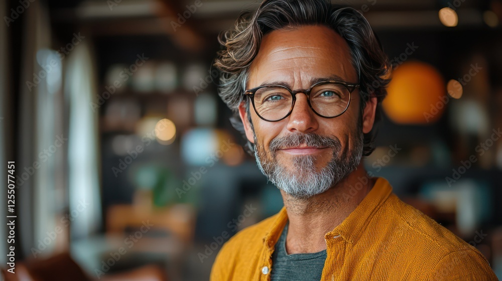 Smiling Man in Cafe: A friendly, middle-aged man with a warm smile and stylish glasses, wearing a mustard yellow cardigan, sits in a cozy cafe. Smiling Man in Cafe: A friendly, middle-aged man with a warm smile and stylish glasses, wearing a mustard yellow cardigan, sits in a cozy cafe.