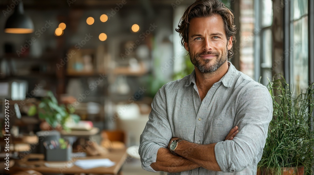 Confident & Relaxed: A handsome man with a charming smile and confident gaze, exudes an aura of success and tranquility, captured in a relaxed pose. Confident & Relaxed: A handsome man with a charming smile and confident gaze, exudes an aura of success and tranquility, captured in a relaxed pose.