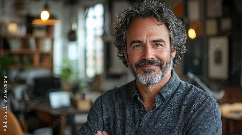 Confident Middle-Aged Man: Portrait of a charismatic middle-aged man with graying curly hair and a warm smile, conveying confidence and approachability. He stands with his arms crossed in a modern. Confident Middle-Aged Man: Portrait of a charismatic middle-aged man with graying curly hair and a warm smile, conveying confidence and approachability. He stands with his arms crossed in a modern.