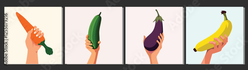 healthy concept, risen hand holding banana, carrot, cucumber, eggplant,  visual concept of  man shape penis, vector drawing illustration 