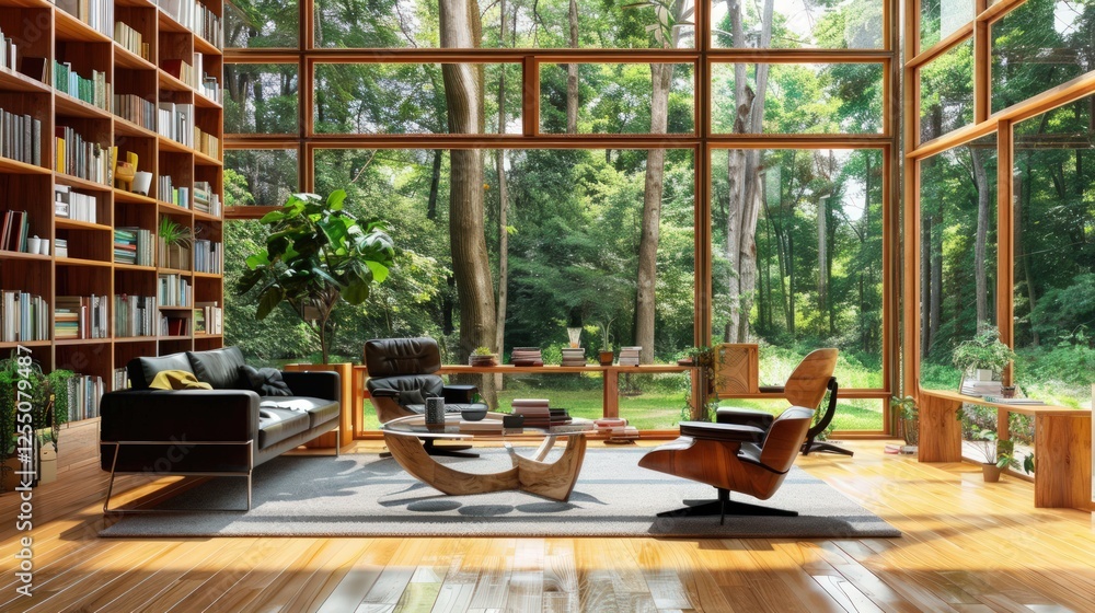 Fototapeta premium Serene Forest View Living Room: Modern Architecture Meets Nature