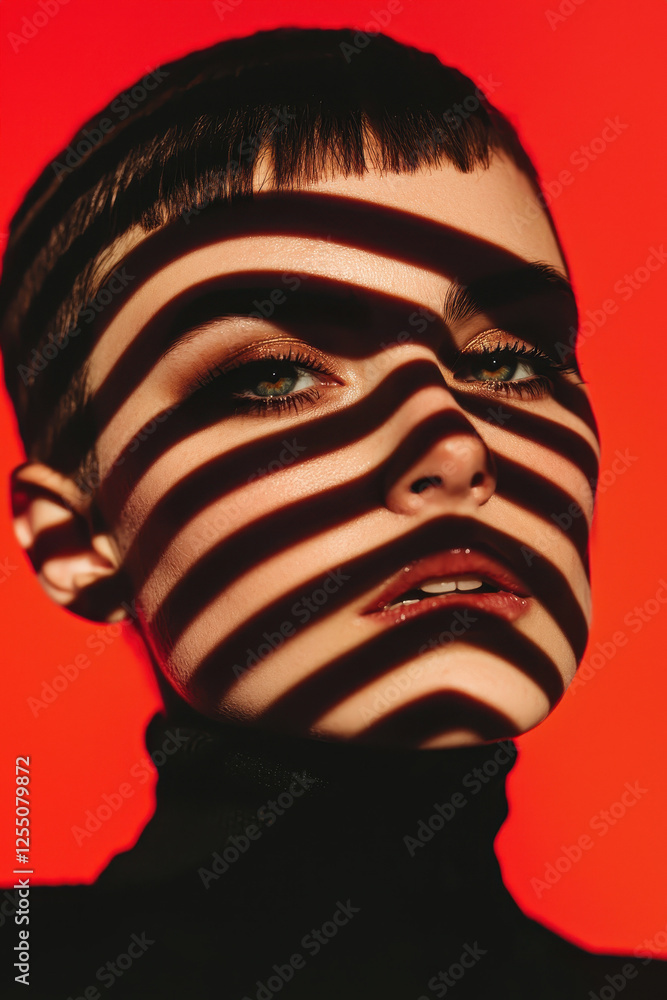 Captivating Portrait with Striking Shadow Play and Vibrant Background: A Stunning Display of Modern Beauty and Artistic Expression Captivating Portrait with Striking Shadow Play and Vibrant Background: A Stunning Display of Modern Beauty and Artistic Expression