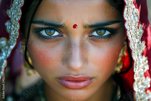 Young asian female with traditional attire and intense expression. photo