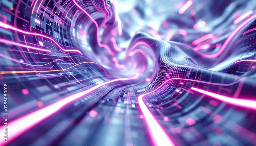 Fototapeta premium Futuristic Data Stream, Abstract Digital Landscape with Flowing Neon Lines