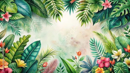 Lush Tropical Foliage and Vibrant Blossom Frame with a Soft Watercolor Background, Perfect for Invitation or Decorative Purposes