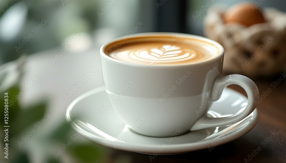 Fototapeta premium Studio shot, close-up, macro, frothy flat white cup of coffee isolated against modern background