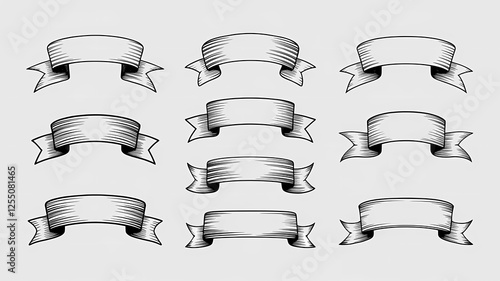 Set of Hand-Drawn Banner Illustrations Featuring Various Styles and Shapes on a Subtle Grey Background
