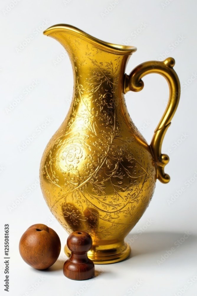 Ornate golden clay jug, three rustic wooden stoppers, brown, detail Ornate golden clay jug, three rustic wooden stoppers, brown, detail