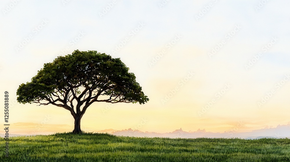 Obraz premium Calm sunset over isolated oak tree natural landscape grassland serenity tranquil environment wide angle view