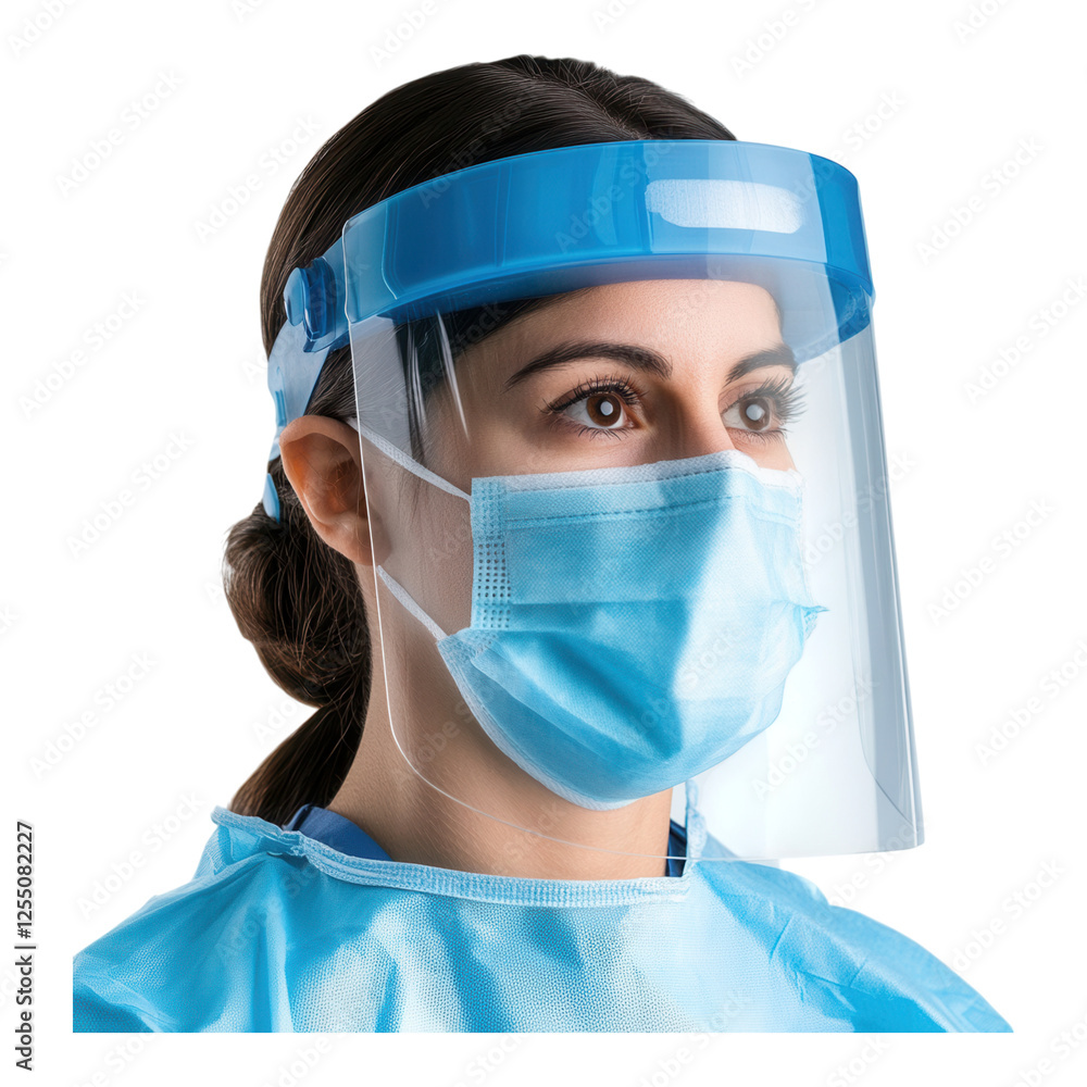 Healthcare face shield design, essential protective equipment, transparent background, suitable for medical environments, promotes safety and hygiene.