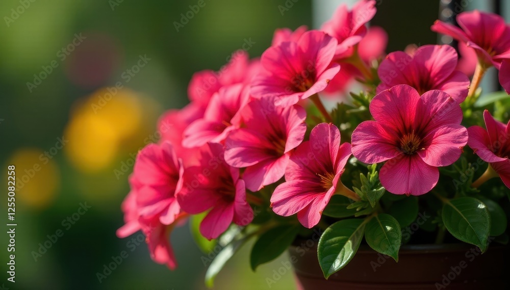 Pink calibrachoa overflowing hanging basket, vibrant red & yellow throat , garden, colorful flowers Pink calibrachoa overflowing hanging basket, vibrant red & yellow throat , garden, colorful flowers