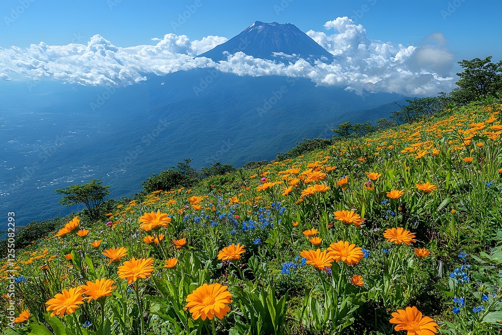 Fototapeta premium Vibrant Wildflowers on Mountain Slope with Majestic Peak in Background