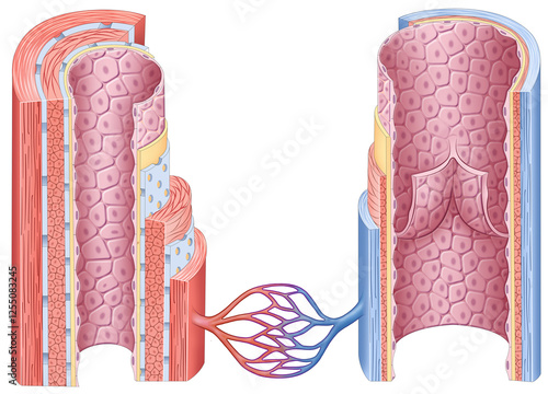 Illustration of the different layers of veins and arteries. Their structure includes endothelium, smooth muscle, and connective tissue, which are essential to the circulatory system.