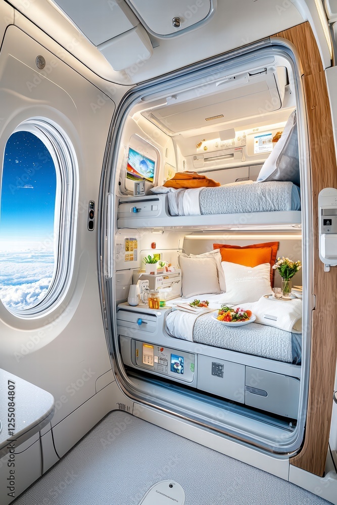 Fototapeta premium Luxury Airplane First Class Suite with Bunk Beds and Meal Service.