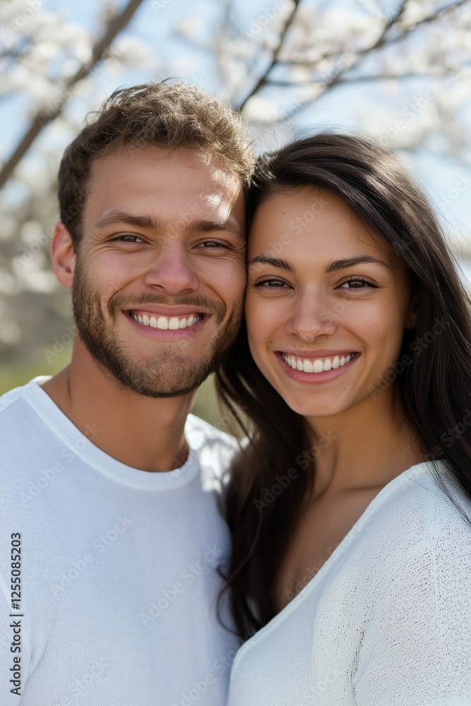 A man and woman are smiling at the camera. The man is wearing a white shirt and the woman is wearing a white blouse. They are both wearing white clothing and appear to be happy A man and woman are smiling at the camera. The man is wearing a white shirt and the woman is wearing a white blouse. They are both wearing white clothing and appear to be happy