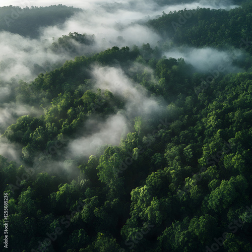 Misty Forest Canopy: An ethereal aerial view showcases a vibrant green forest shrouded in a delicate veil of mist, creating a serene and immersive natural landscape.