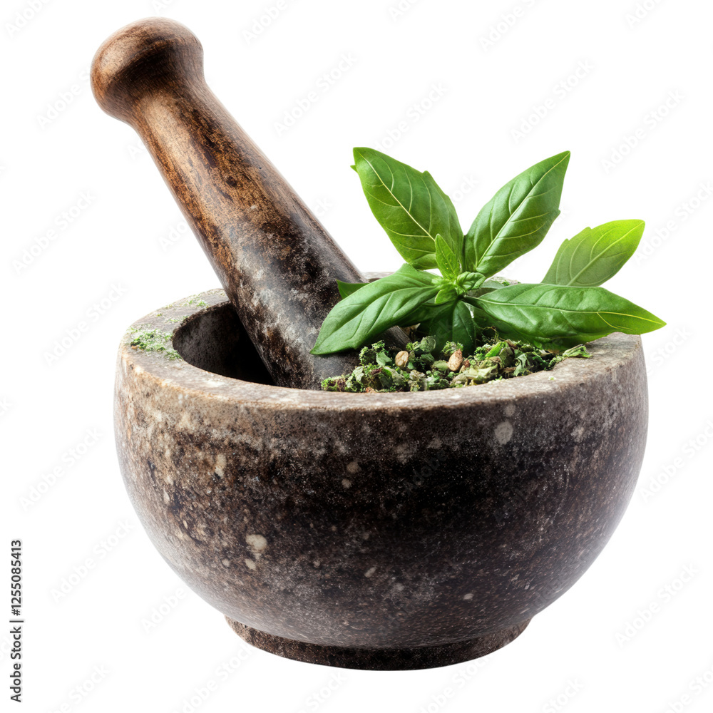Herbal Essence Grinding Tool, mortar and pestle with crushed herbs, clear background, perfect for culinary and medicinal uses