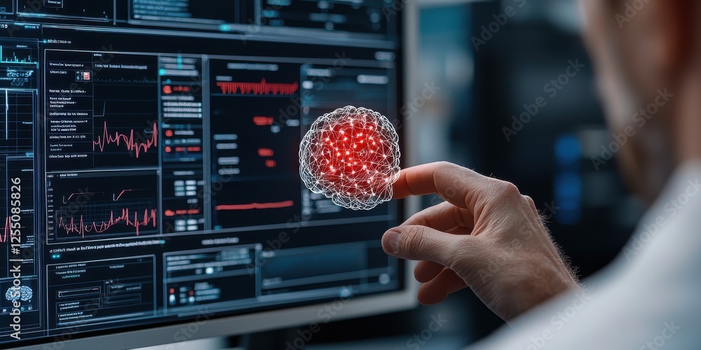 Fototapeta premium A person interacts with a digital brain representation while exploring data on a high-tech display, merging technology and neuroscience.