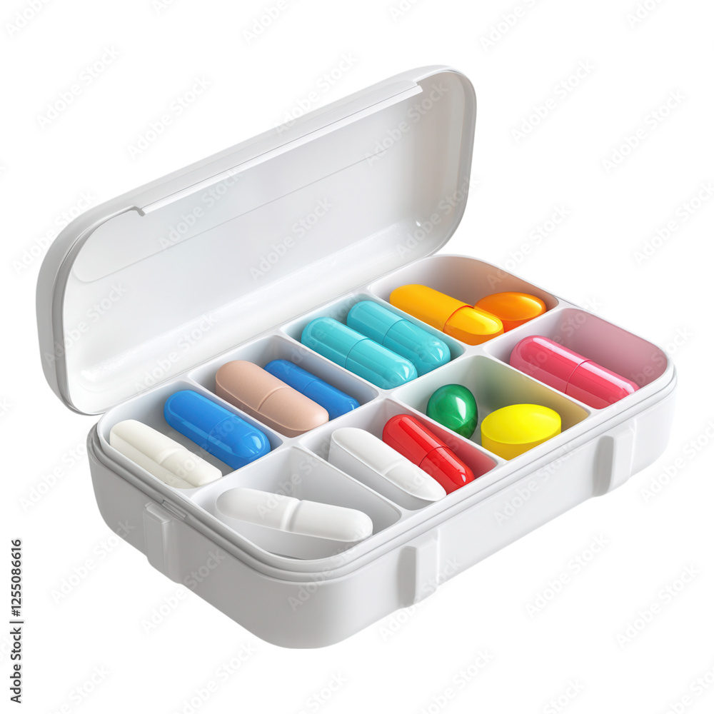 Pill organizer with multiple open compartments, designed for easy access, featuring a transparent background for clear visibility.