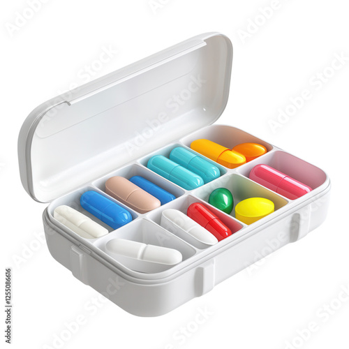 Obraz na płótnie Pill organizer with multiple open compartments, designed for easy access, featuring a transparent background for clear visibility. w salonie