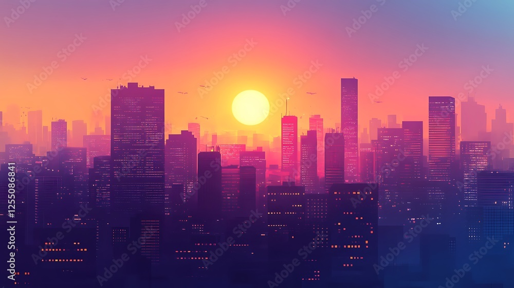 Fototapeta premium Sunset Metropolis: A Vibrant Cityscape at Dusk