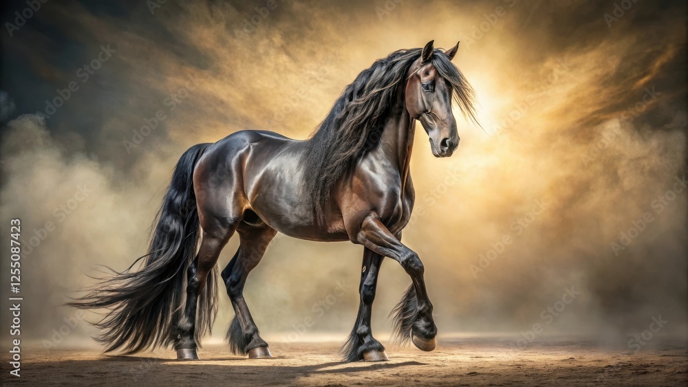 Majestic Black Stallion in Golden Dust, a Breathtaking Display of Equine Elegance and Power Majestic Black Stallion in Golden Dust, a Breathtaking Display of Equine Elegance and Power