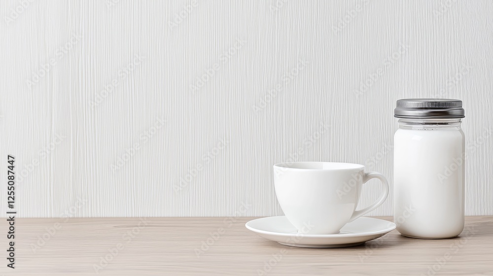 Fototapeta premium White cup and milk jar on table, textured wall background