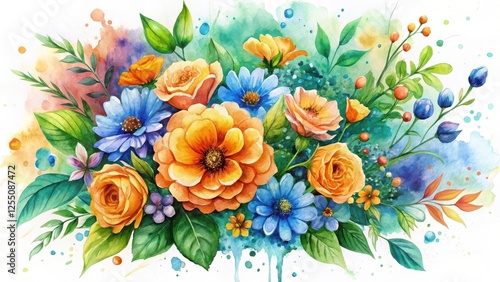 Vibrant Watercolor Bouquet of Orange and Blue Flowers with Lush Green Foliage and Artistic Water Splashes