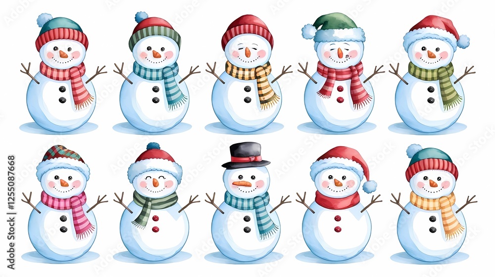Ten Cheerful Snowmen in Colorful Hats and Scarves on a White Background Representing Winter, Joy, and Holiday Spirit Ten Cheerful Snowmen in Colorful Hats and Scarves on a White Background Representing Winter, Joy, and Holiday Spirit