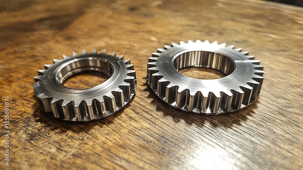 Precisely Machined Metal Gears on Wooden Surface Precisely Machined Metal Gears on Wooden Surface