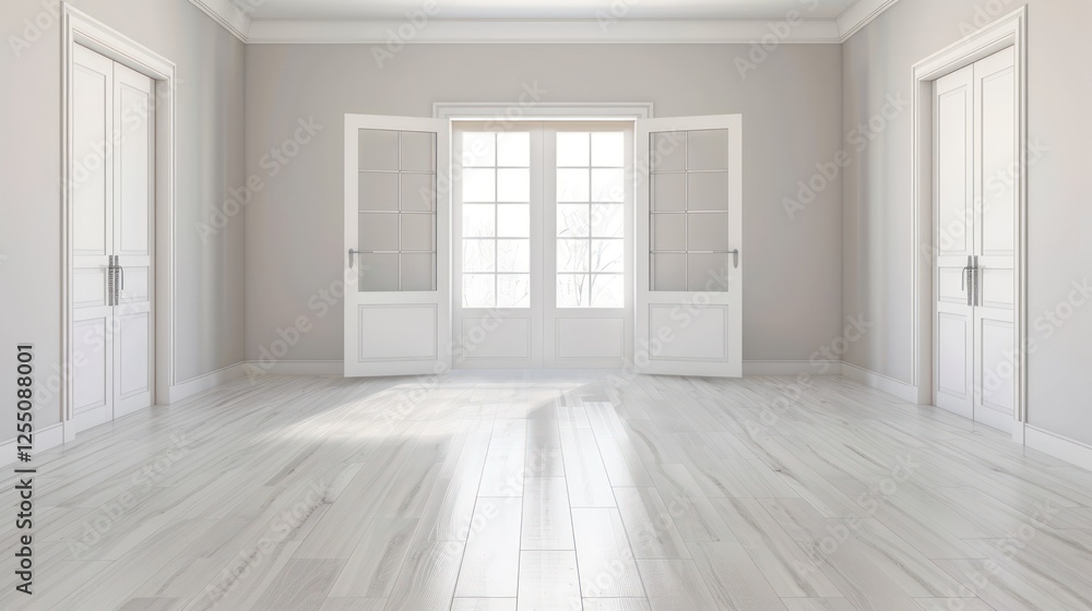 Fototapeta premium Elegant Empty Room Interior Design: Bright White Room with French Doors and Hardwood Floors