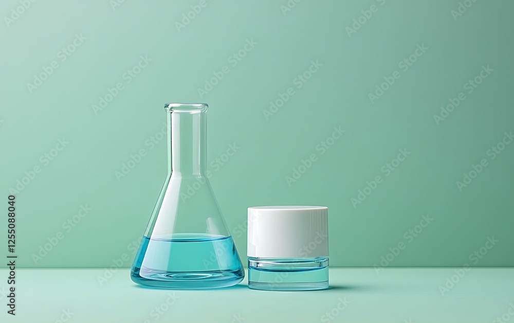 Laboratory glassware, light teal background, cosmetic product, science experiment, stock image Laboratory glassware, light teal background, cosmetic product, science experiment, stock image