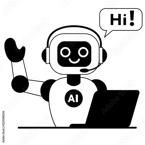 Cute chat bot robot with laptop waving HI for customer support. AI bot helper. Concept of virtual conversation assistant for getting help. Line vector illustration isoalted in white background.