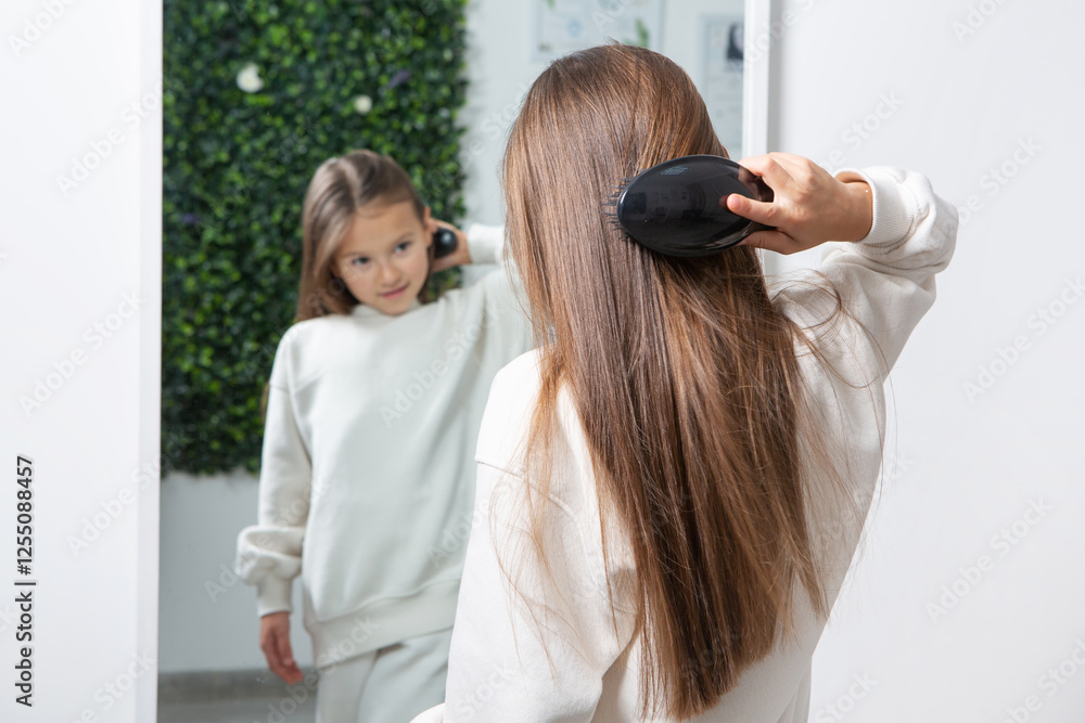 Fototapeta premium Happy Kid Getting a New Hairstyle in a Modern Salon Little Girl Sitting in a Salon Chair During Haircut 