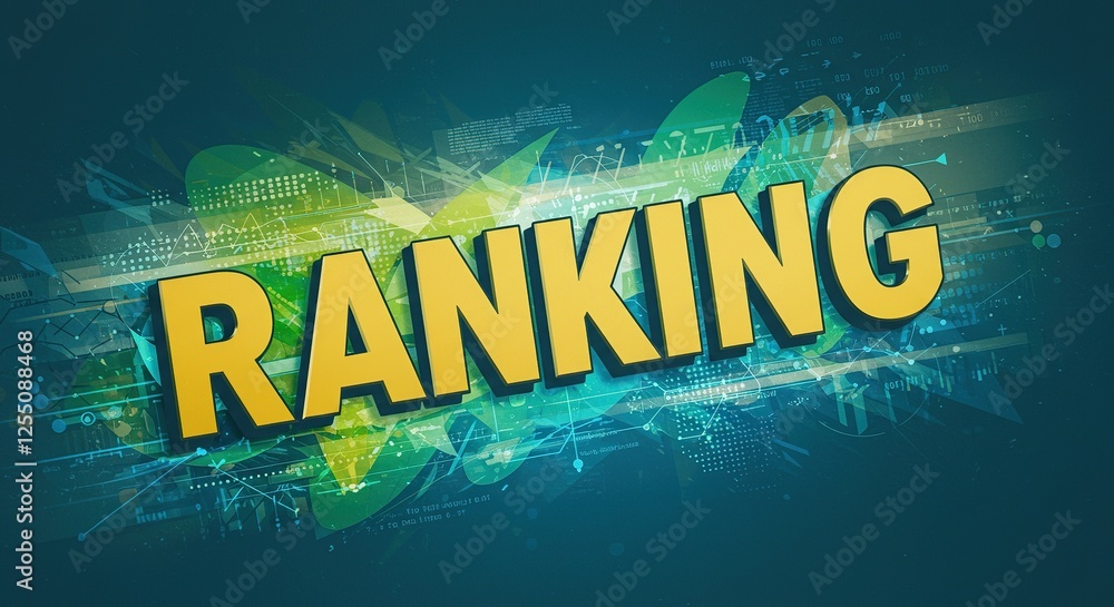 Obraz premium Bold Ranking Typography 3D Rendered Yellow Word on Dynamic Green-Blue Background with Abstract Data Elements (Business, Competition, Achievement, Success, Data Analysis)