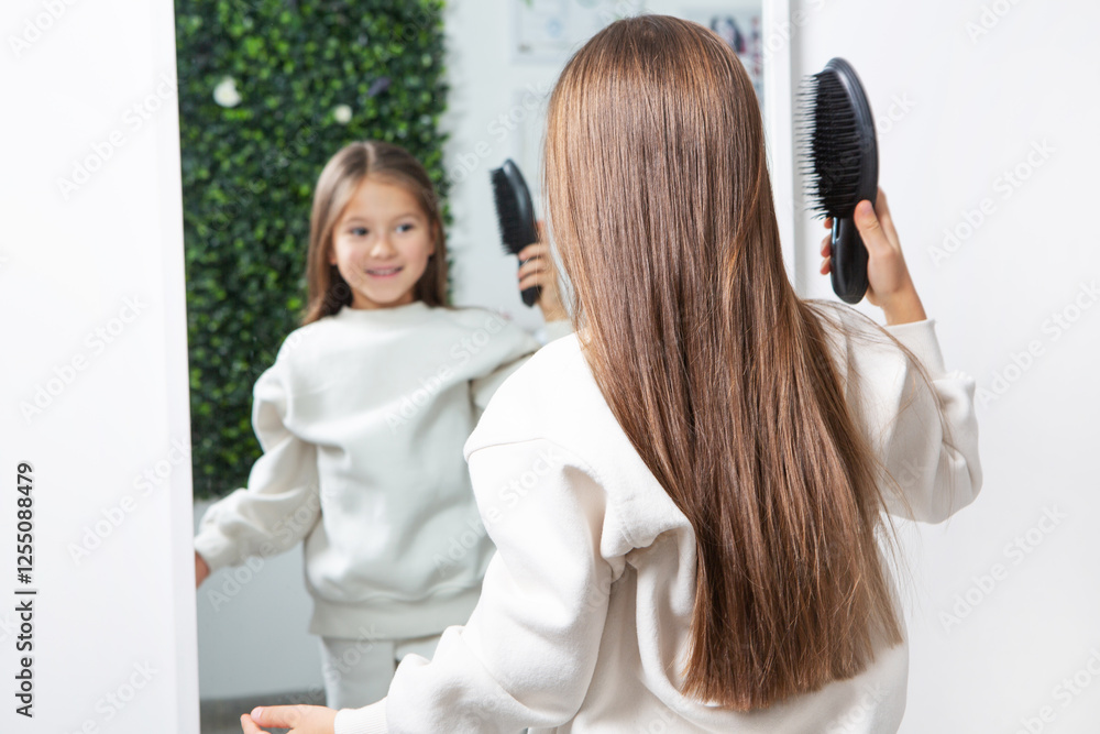 Fototapeta premium Happy Kid Getting a New Hairstyle in a Modern Salon Little Girl Sitting in a Salon Chair During Haircut 