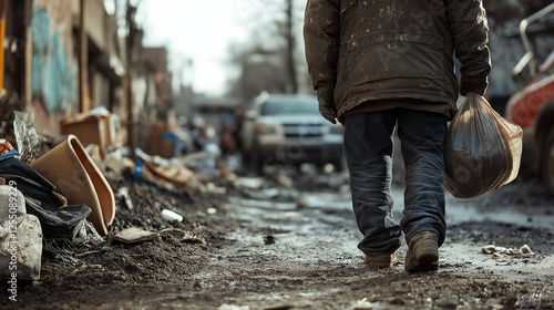 Surviving the Streets : A Glimpse into Urban Struggles.A homeless figure walks along a muddy, garbage-laden alley, past discarded furniture and debris. The blurred city background