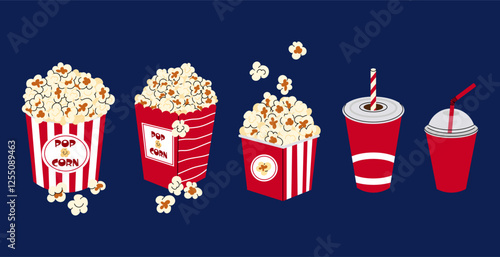 Cinema food. Set vector illustrations different popcorn boxes and cups with cold drinks. Food for film watching.
