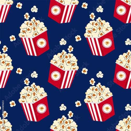 Box with popcorn. Red pack popcorn for cinema or movie, circus, Luna Park. Seamless pattern for textile, wrapping paper, background.