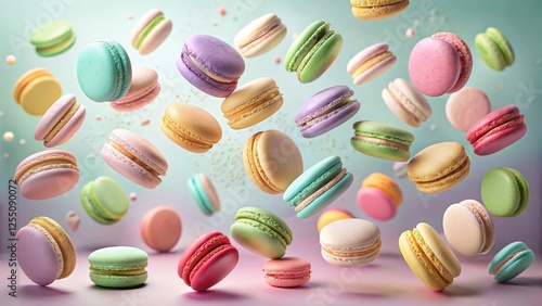 Wallpaper Mural Delightful Macarons in mid-air, a cascade of pastel-colored confectionery delights floating gracefully, a whimsical culinary spectacle. Torontodigital.ca