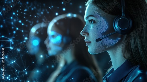 Wallpaper Mural Elevating customer service with blue technology hologram of Digital on screen network, Staff women with headsets and AI interfaces. Call center with Technology Internet and network concept Torontodigital.ca