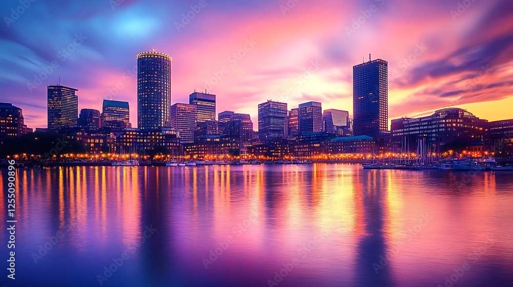 Obraz premium Vibrant Cityscape at Sunset: Boston Harbor's Enchanting Evening
