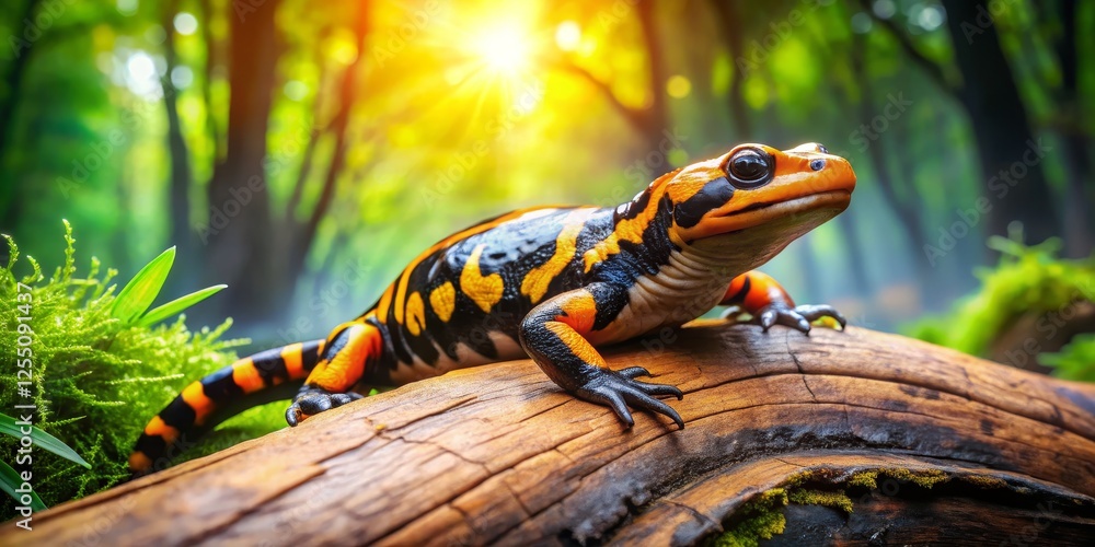 Vibrant Salamander Resting on Log in Lush Forest Setting Vibrant Salamander Resting on Log in Lush Forest Setting