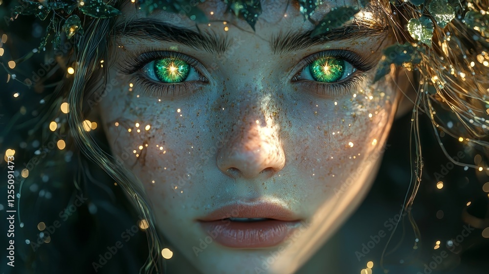 Mystical Elf with Glowing Emerald Eyes Under Moonlit Forest Canopy Mystical Elf with Glowing Emerald Eyes Under Moonlit Forest Canopy