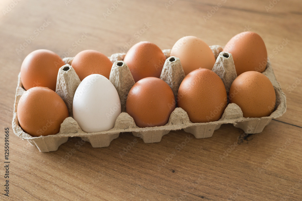 Fresh farm eggs in carton box on wooden table. Eggs in egg boxes Fresh farm eggs in carton box on wooden table. Eggs in egg boxes