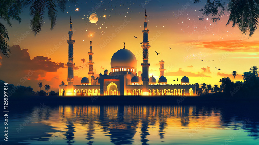 Fototapeta premium ramadan Ornate archway illuminating islamic arabic eid mubarak architectural detailing masjid banner and background