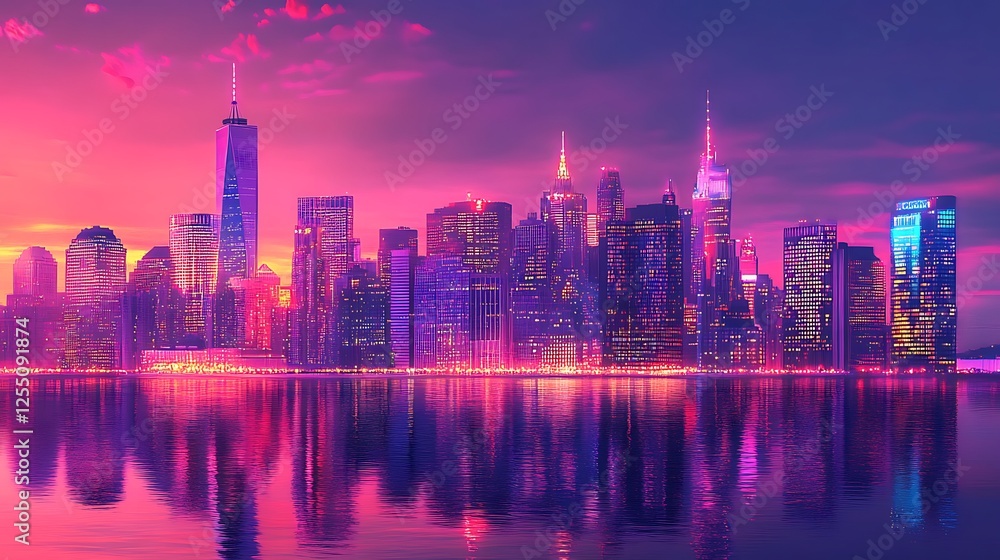 Fototapeta premium Neon Skyline Reflection: A Vibrant New York City Sunset